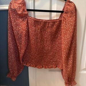 Lush Rust Smocked Peasant Blouse with White Speckle